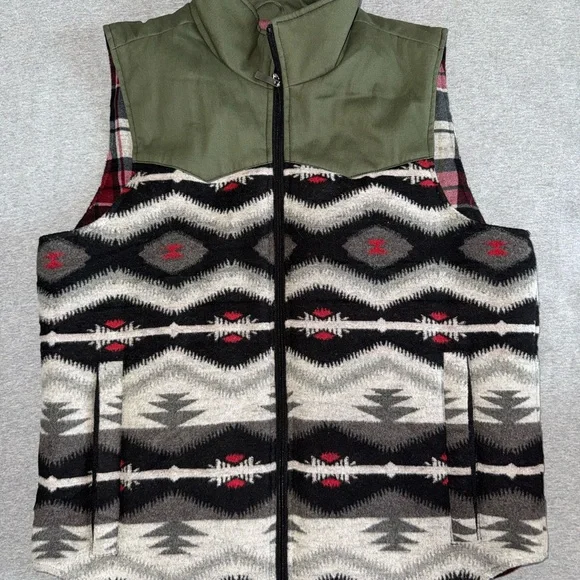 Southwestern Pattern Zip Front Vest in Olive and Black - Picture 1 of 3